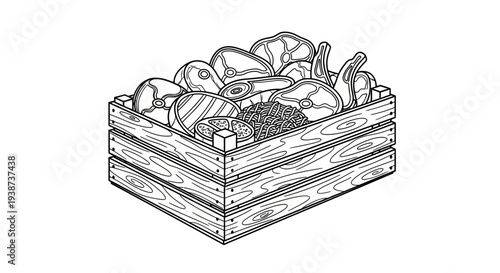 Wooden Crate Overflowing with Assorted Raw Meat Cuts - Butcher Shop Freshness