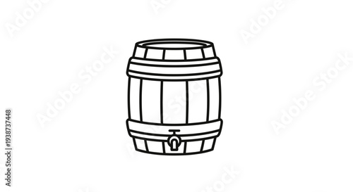 Wooden Barrel with Tap, Line Art Icon, Isolated on White Background