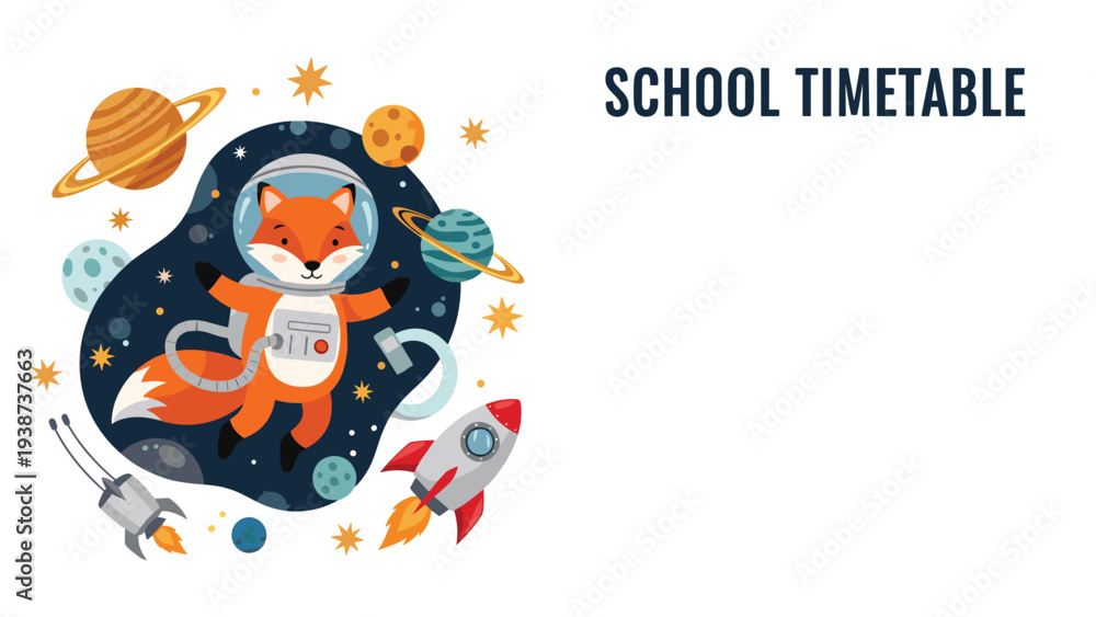 Fototapeta premium Creative school timetable template featuring an adorable fox astronaut floating gracefully, surrounded by colorful planets, rockets, and stars, with ample space for writing daily schedules.