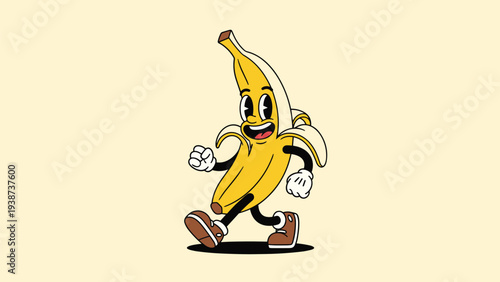 Lively retro cartoon banana character with a big smile and expressive eyes, happily walking and swinging its arms, exuding cheerful vintage charm.