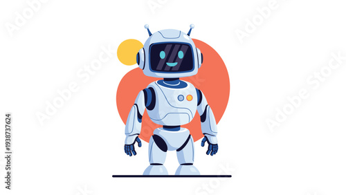 Adorable, friendly robot character standing proudly with a cheerful, smiling face displayed on its screen, illustrating modern artificial intelligence and helpful technology.