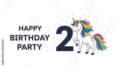 Charming happy birthday party design featuring a majestic unicorn, standing gracefully next to a large number two, surrounded by colorful scattered confetti.