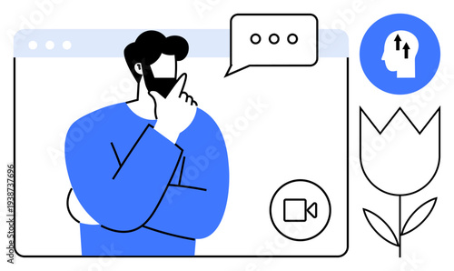Virtual communication. Virtual communication with a thoughtful person, speech bubbles, and video call elements. Virtual communication in online discussions, decision-making, and collaboration. video