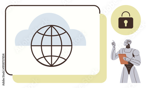 Cybersecurity, artificial intelligence, digital security, data protection, online services, cloud computing. Robot holding clipboard near cloud and globe. Cybersecurity and artificial intelligence