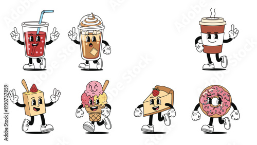 Delightful collection of eight retro cartoon food and drink characters, including various beverages, ice creams, cheesecake, and a donut, all walking with joyful expressions.