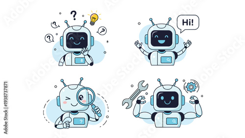 Engaging set of four cartoon chatbot illustrations depicting various actions and expressions: thinking, greeting, searching, and fixing, showcasing intelligent virtual assistance roles.
