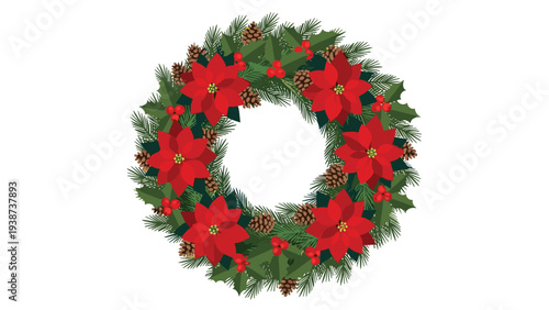 Beautiful festive Christmas wreath meticulously crafted from vibrant red poinsettias, lush green holly, rustic pine cones, and fresh pine branches, symbolizing holiday cheer.