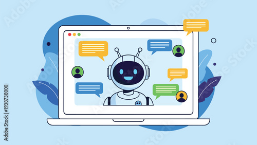Friendly chatbot on a laptop screen facilitating lively conversations with diverse user icons, complemented by abstract blue leaf designs, showcasing interactive AI communication.