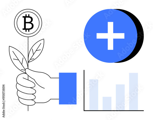 Bitcoin growth concept. Bitcoin symbol on plant, financial growth. Bitcoin paired with a plus sign and chart visualizing analytics and progress. For fintech, cryptocurrency, investment, digital