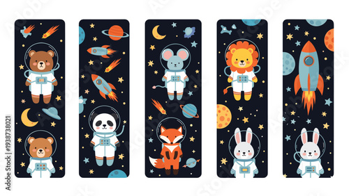 Engaging set of six space-themed bookmarks, each featuring a charming animal in an astronaut suit, including a bear, panda, mouse, fox, lion, and bunny, amidst planets and rockets.