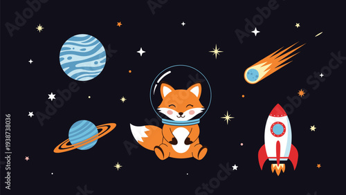 Adorable fox astronaut sitting peacefully in outer space, surrounded by a vibrant ringed planet, a distant rocket, a streaking comet, and numerous twinkling stars, inspiring cosmic dreams.