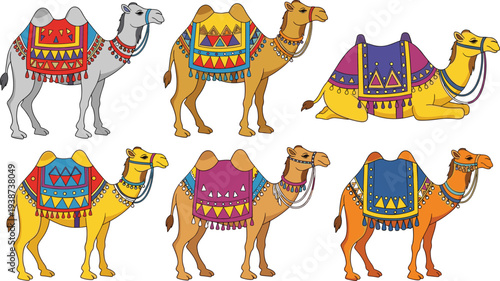 Decorated Camel Vector Set with Traditional Arabian Saddle Patterns, Colorful Desert Animal Illustration for Travel, Culture, Festival and Decorative Design