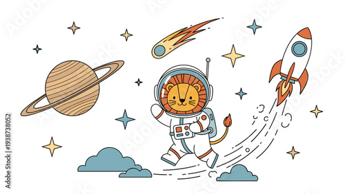 Whimsical line art illustration of a dynamic lion astronaut energetically running through outer space, accompanied by a ringed planet, a launching rocket, a streaking comet, and twinkling stars.