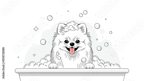 Charming line art illustration of a happy Pomeranian dog joyfully taking a bubbly bath, with foam and suds all around, showcasing pet grooming and cheerful animal care.
