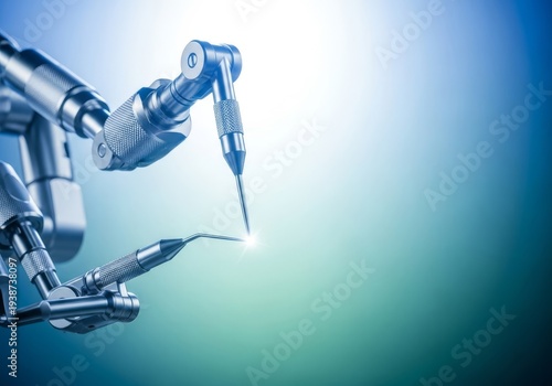 Extreme close-up perspective showing a high-precision microsurgical robotic arm through a microscope lens with selective focus and bright illumination, machine, tool, bokeh