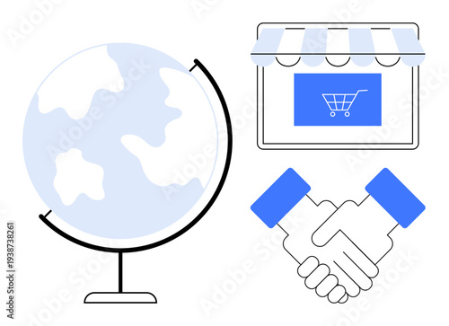 E-commerce, online shopping, global trade, digital marketplaces, business partnerships, international retail. Globe, store icon handshake symbol. E-commerce and global trade connectivity