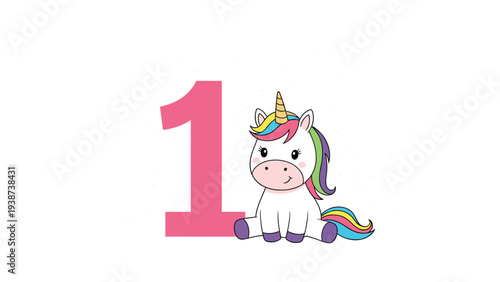 Sweet illustration of a charming unicorn sitting gracefully next to a large number one, evoking a sense of innocence and magic, ideal for a child's first birthday.