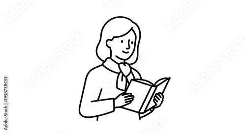 Woman Reading Book, Simple Line Drawing, Education and Knowledge Concept