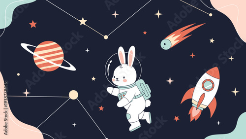 Adorable bunny astronaut playfully floating through outer space, surrounded by a ringed planet, a launching rocket, a streaking comet, twinkling stars, and abstract organic shapes.
