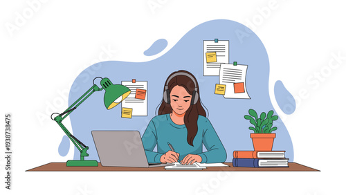 Diligent young woman working comfortably from home, wearing headphones, typing on a laptop, writing notes, surrounded by books and plants, depicting remote work and online learning.