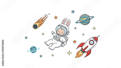 Whimsical line art illustration of a cute bunny astronaut floating gracefully through outer space, accompanied by a ringed planet, a launching rocket, a streaking comet, and twinkling stars.