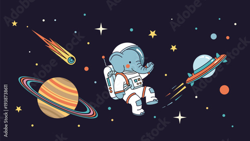 Adorable elephant astronaut joyfully flying through the dark, starry outer space, surrounded by a ringed planet, a flying rocket, a futuristic UFO, and a streaking comet.