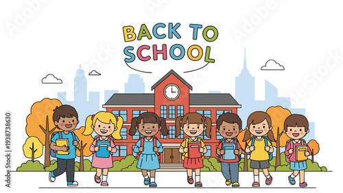 Diverse group of happy children walking cheerfully, with a "Back to School" banner above a school building and city skyline, symbolizing education and new beginnings.