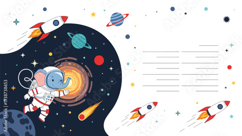 Dynamic space-themed certificate or frame template featuring an adorable elephant astronaut, a swirling black hole, planets, launching rockets, and a comet, with copy space.