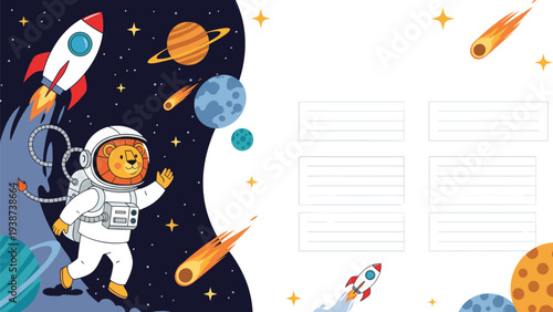 Vibrant space-themed frame or planner template featuring a brave lion astronaut, colorful planets, launching rockets, streaking comets, and twinkling stars, with ample copy space.