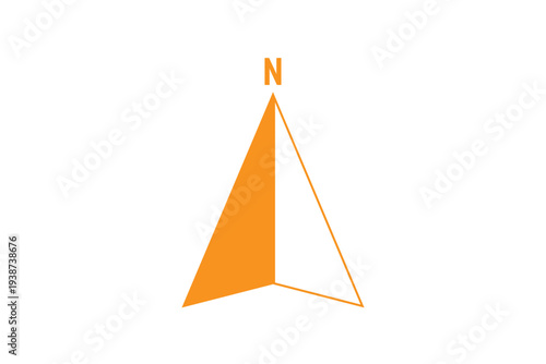Orange compass pointer showing north direction navigation symbol for maps, orientation, travel, location, guidance and design elements. N direction sign