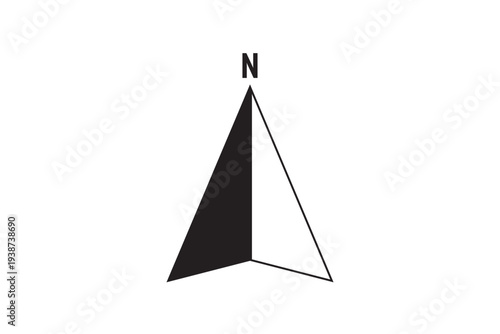Black compass pointer showing north direction navigation symbol for maps, orientation, travel, location, guidance and design elements. N direction sign