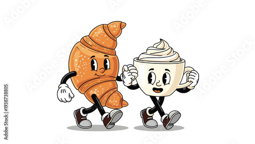 Joyful retro cartoon croissant character happily walking hand-in-hand with a smiling whipped cream coffee cup character.