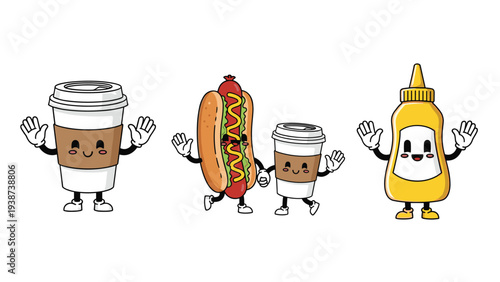 Playful cartoon characters featuring two happy coffee cups with sleeves, a smiling hot dog with mustard, and a cheerful mustard bottle.