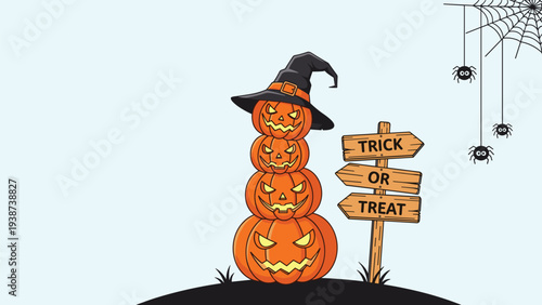 Spooky Halloween scene featuring stacked grinning jack-o'-lanterns wearing a witch hat, a "TRICK OR TREAT" sign, with spiders and webs.