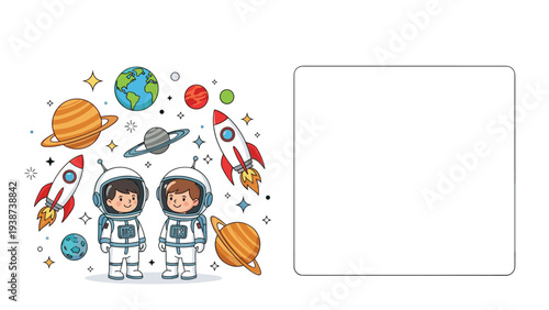 Two cheerful young boys dressed as astronauts, surrounded by colorful planets, rockets, and stars, with a clean blank square frame.
