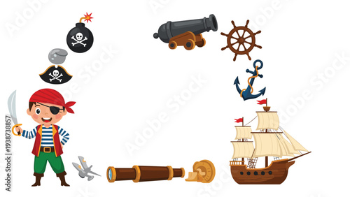 Cheerful cartoon pirate boy with a sword, surrounded by a circular arrangement of classic pirate adventure elements and treasures.