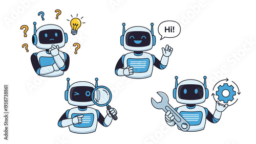 A set of four expressive robot mascots showcasing various actions: thinking, greeting, magnifying, and performing maintenance.
