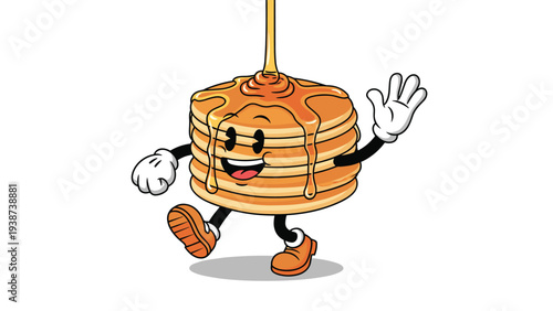 Delightful retro cartoon stack of pancakes character with cascading syrup, happily waving its hand in a friendly gesture.