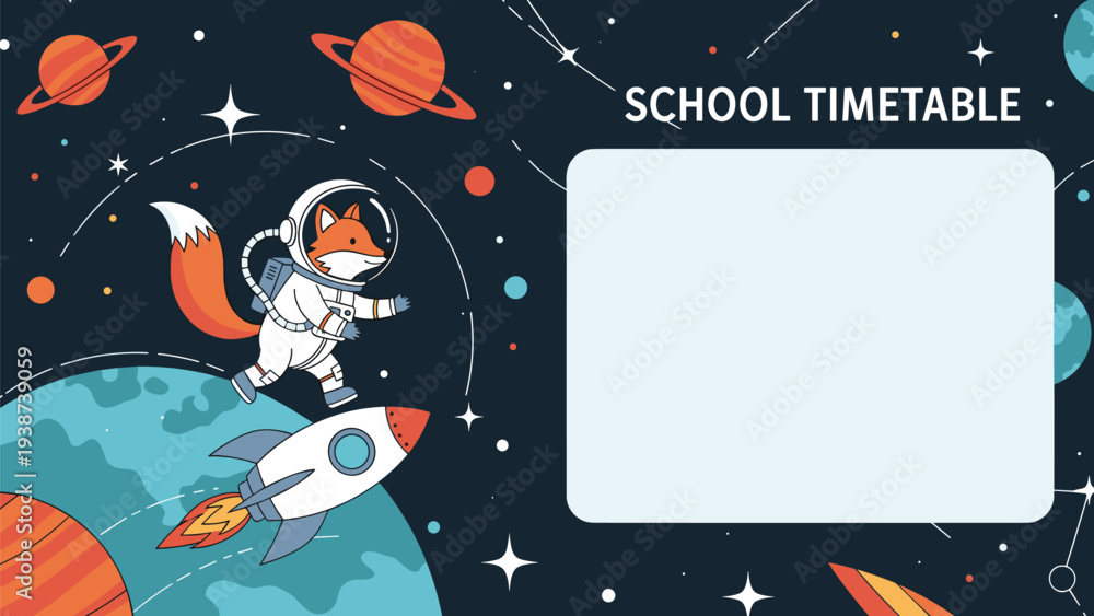 Naklejka premium Dynamic illustration of an astronaut fox running on a planet amidst cosmic elements, alongside a 