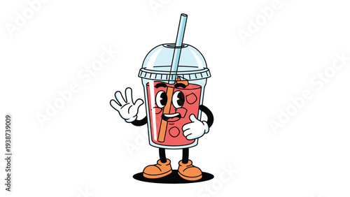 Refreshing retro cartoon iced drink cup character with a straw and ice, happily waving its hand in a friendly gesture.