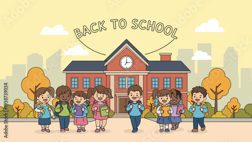 Diverse group of happy children with backpacks walking cheerfully towards a school building on a vibrant "BACK TO SCHOOL" day.