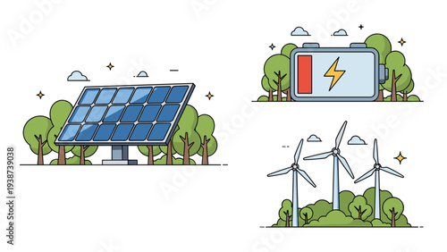Collection of three essential green energy concept illustrations: a solar panel array, an energy storage battery, and wind turbines.