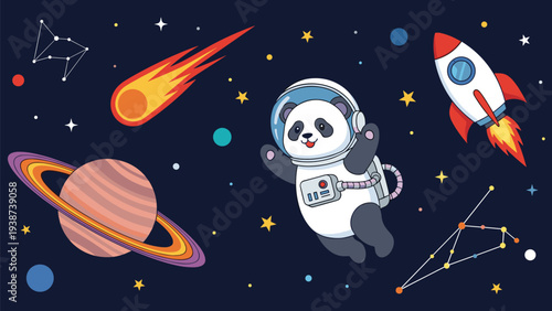 Adorable cartoon panda astronaut happily floating in cosmic space, surrounded by planets, a comet, rockets, and glowing constellations.