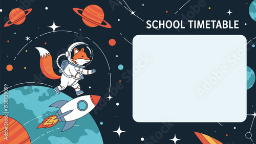 Dynamic illustration of an astronaut fox running on a planet amidst cosmic elements, alongside a "SCHOOL TIMETABLE" template.