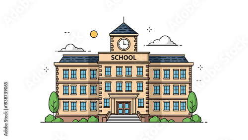 Elegant line art illustration of a classic school building with a prominent clock tower, lush trees, and a sunny sky.