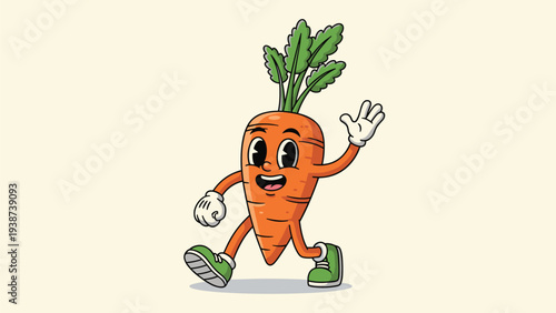 Enthusiastic retro cartoon carrot character with vibrant green tops, happily waving its hand and cheerfully walking.