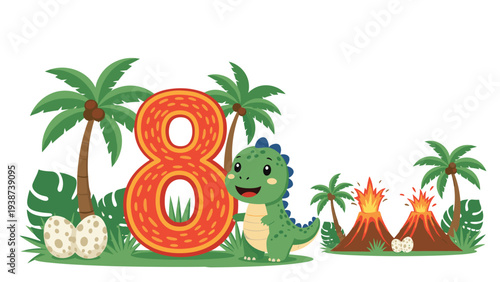 Joyful eighth birthday celebration featuring an adorable green dinosaur beside the large number 8, surrounded by erupting volcanoes, palm trees, and dinosaur eggs.
