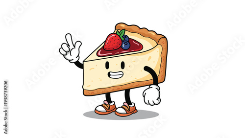 Delicious retro cartoon cheesecake slice character with berries and jam topping, happily pointing upwards with a friendly gesture.