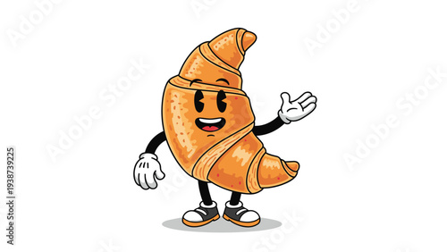 Delicious retro cartoon croissant character with a happy smiling face, waving its hand in a warm and friendly greeting.