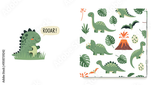 Adorable cartoon baby dinosaur roaring playfully, accompanied by a delightful seamless pattern of various dinosaurs and tropical leaves.